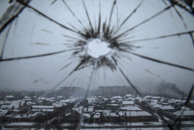 A view from a hospital window broken by shelling in Mariupol, Ukraine, Thursday, March 3, 2022. (AP Photo/Evgeniy Maloletka)