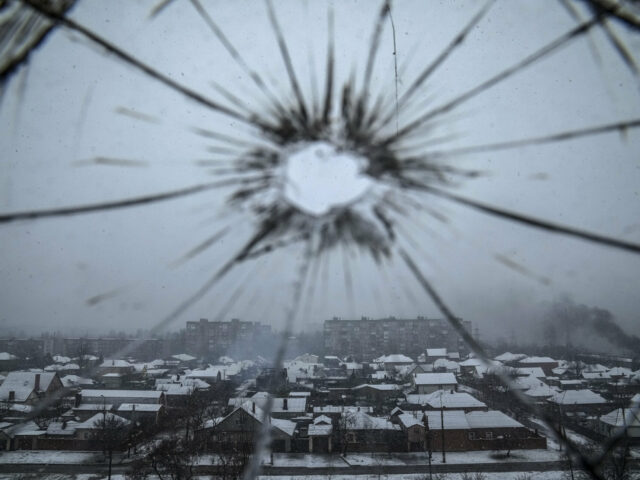 A view from a hospital window broken by shelling in Mariupol, Ukraine, Thursday, March 3, 2022. (AP Photo/Evgeniy Maloletka)