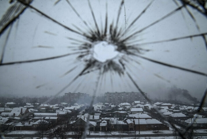 A view from a hospital window broken by shelling in Mariupol, Ukraine, Thursday, March 3, 2022. (AP Photo/Evgeniy Maloletka)