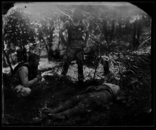 Vadim, the Officer of Civil-Military Cooperation with volunteer near body of Russian soldier that found in field near Verhnya Rogan
The task of the unit is to search for the dead bodies of the Russian military for the purpose of exchange and establishing the fact that they died on the territory of Ukraine to collect evidence for The Hague court.