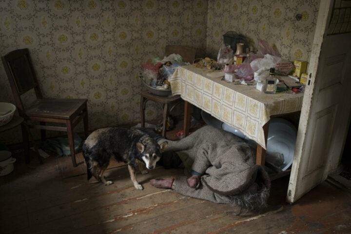 A dog stands next to the body of an elderly woman killed inside a house in Bucha, outskirts of Kyiv, Ukraine, Tuesday, April 5, 2022. (AP Photo/Felipe Dana)