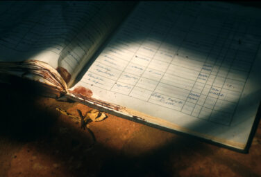 190245 02: A baptism book lies on the ground in Nyarubuye church mission June 1994 in Rwanda, its pages stained with the blood of Hutus who entered the church and massacred hundreds of Tutsis seeking sanctuary there. (Photo by Scott Peterson/Getty Images)