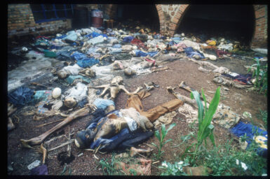 218317 103: Victims of the genocidal campaign planned by Hutu extremists, their bodies smashed by clubs and machetes, lay strewn across the Nyarubuye Catholic church parish in June, 1994, in Rwanda. Following the assassination of President Juvenal Habyarimana in April, 1994, a genocide of unprecedented swiftness left 800,000 Tutsis and moderate Hutus dead in 100 days at the hands of organized bands of militia. (Photo by Scott Peterson/Liaison)